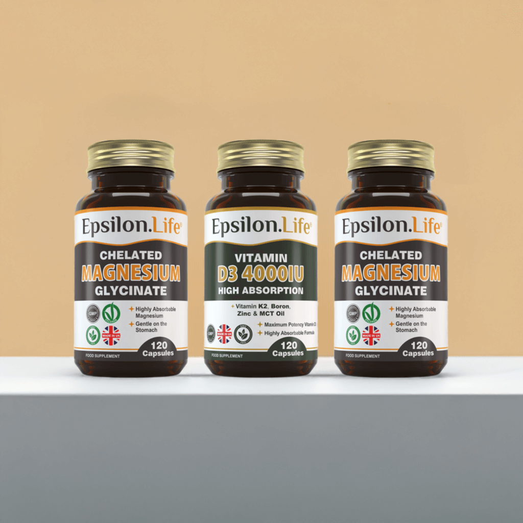 epsilon life immunity strenght pack featuring vitamin d3k2 and two bottles of magnesium gylcinate for maximum value