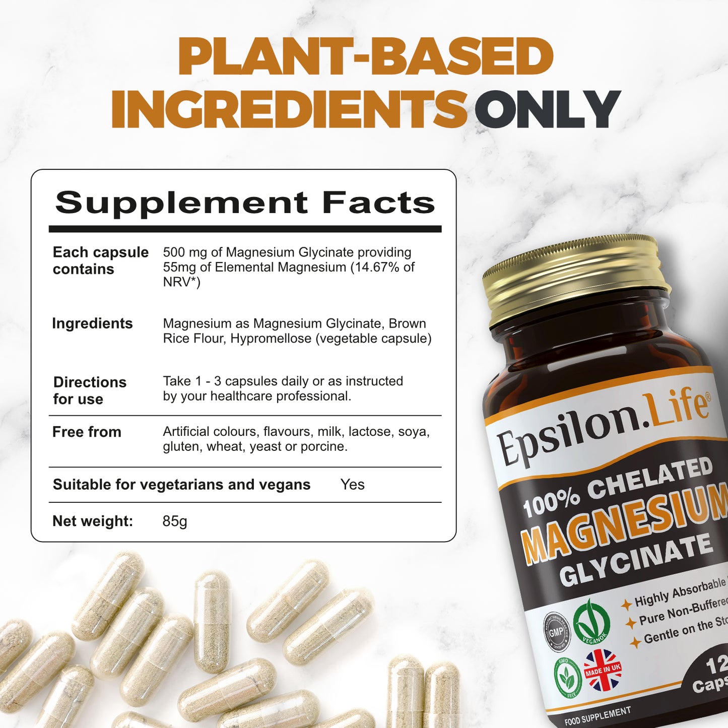 espilon life magnesium glycinate capsules - non-buffered chelated magnesium with no artificial fillers