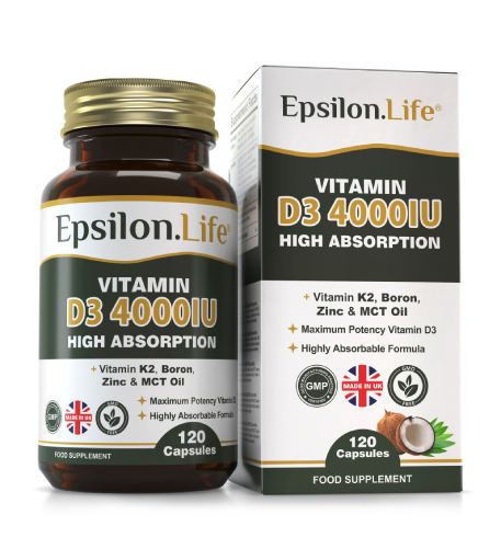 epsilon life vitamin d3 4000iu vitamin k2 mk7 zinc citrate boron mct oil innovative formula no artificial fillers made in the UK
