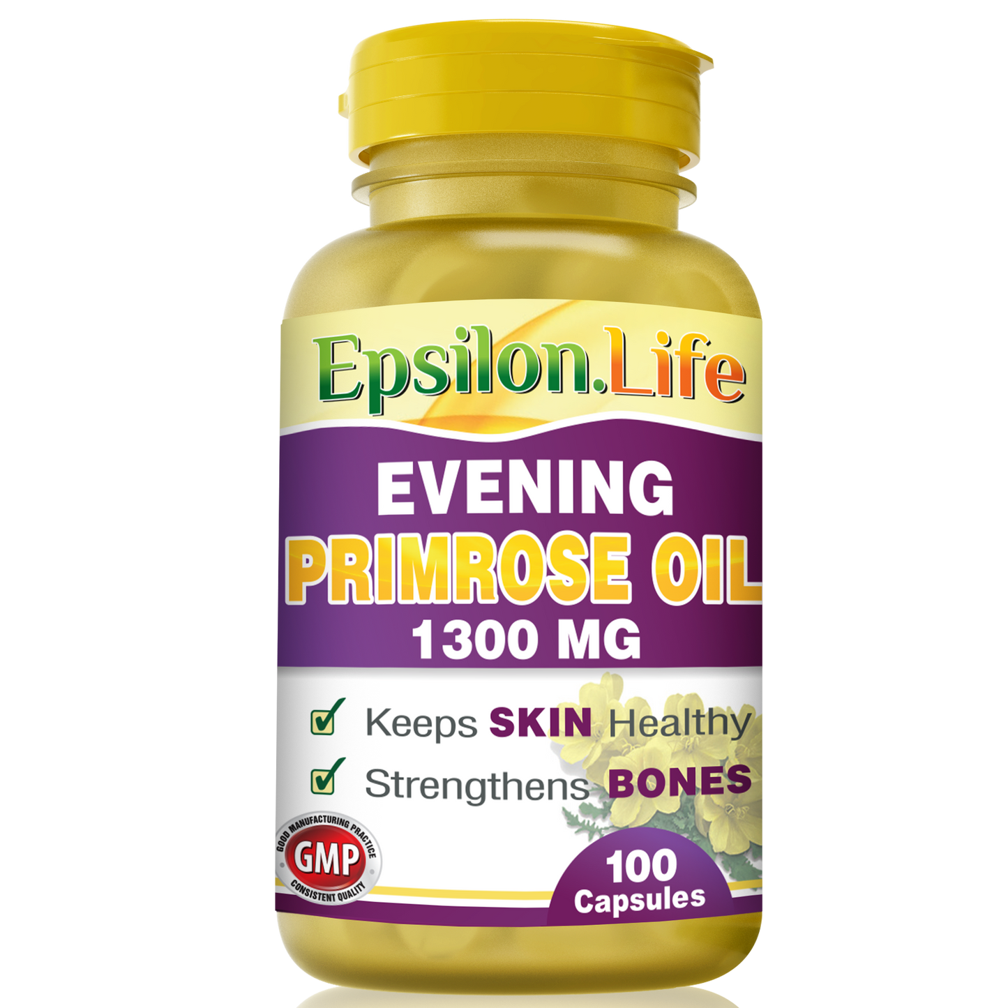 Evening Primrose Oil is a rich source of Omega-6 essential fatty acids.Epsilon Life Evening Primrose Oil - 100 capsules - 1300 mg each with 117mg of Gamma Linolenic Acid (GLA).