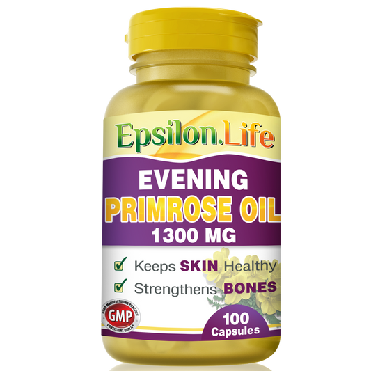 Evening Primrose Oil is a rich source of Omega-6 essential fatty acids.Epsilon Life Evening Primrose Oil - 100 capsules - 1300 mg each with 117mg of Gamma Linolenic Acid (GLA).